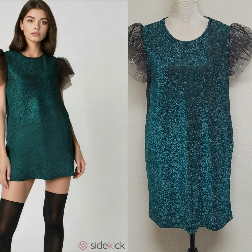 Sunshine & Rodeos Emerald Green Glitter Tulle Puff Sleeves Mini Sheath Dress S